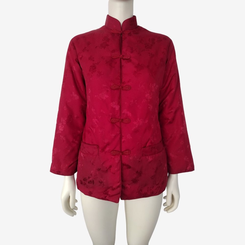 Vintage 1980s Red Floral Jacquard Mandarin Collar Puffer Jacket Size S